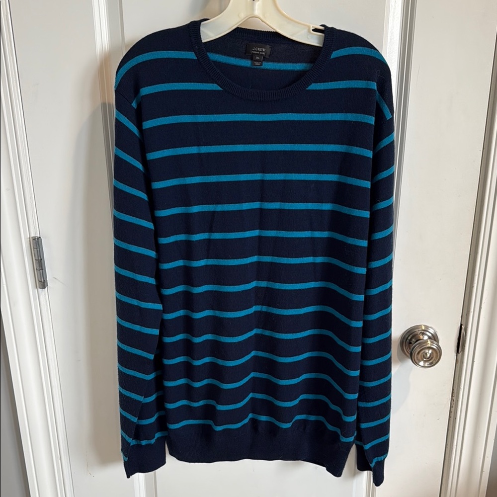 J. Crew Men's Striped Crewneck Sweater - Navy and Teal, Size XL